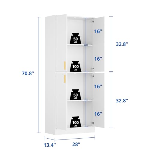 Cozy Castle Kitchen Pantry Cabinet, 71 Tall Wood Storage Cabinet with Doors and Shelves 4 Doors Freestanding Cupboard Utility Hutch for Dining Room Living Room Bathroom Furniture, Gray