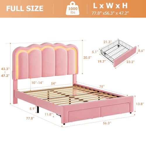 Twin Upholstered LED Bed Frame with Storage Drawer and Adjustable Chic Double Wavy Headboard, Velvet Princess Platform Bed for Kids/Girls, Solid Wood Slats Support, No Box Spring Needed, Beige