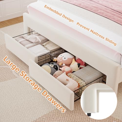 Twin Upholstered LED Bed Frame with Storage Drawer and Adjustable Chic Double Wavy Headboard, Velvet Princess Platform Bed for Kids/Girls, Solid Wood Slats Support, No Box Spring Needed, Beige
