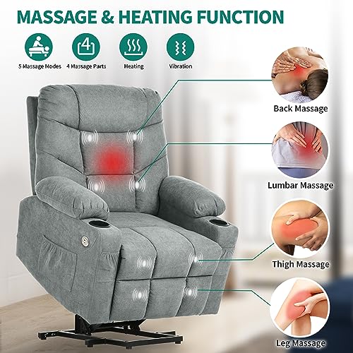 YITAHOME Power Lift Recliner Chair, Modern Fabric Recliner Chair with Massage and Heat, Spacious Seat, USB Ports, Cup Holders, Remote Control, Suitable for Living Room Dark Grey2